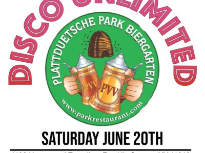 Disco Unlimited event poster with beer steins