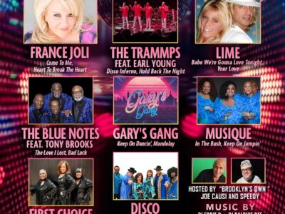 Vibrant disco ball concert poster with performers