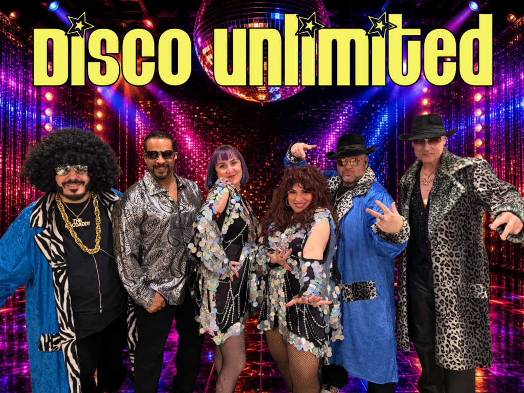 Group of disco performers under disco ball