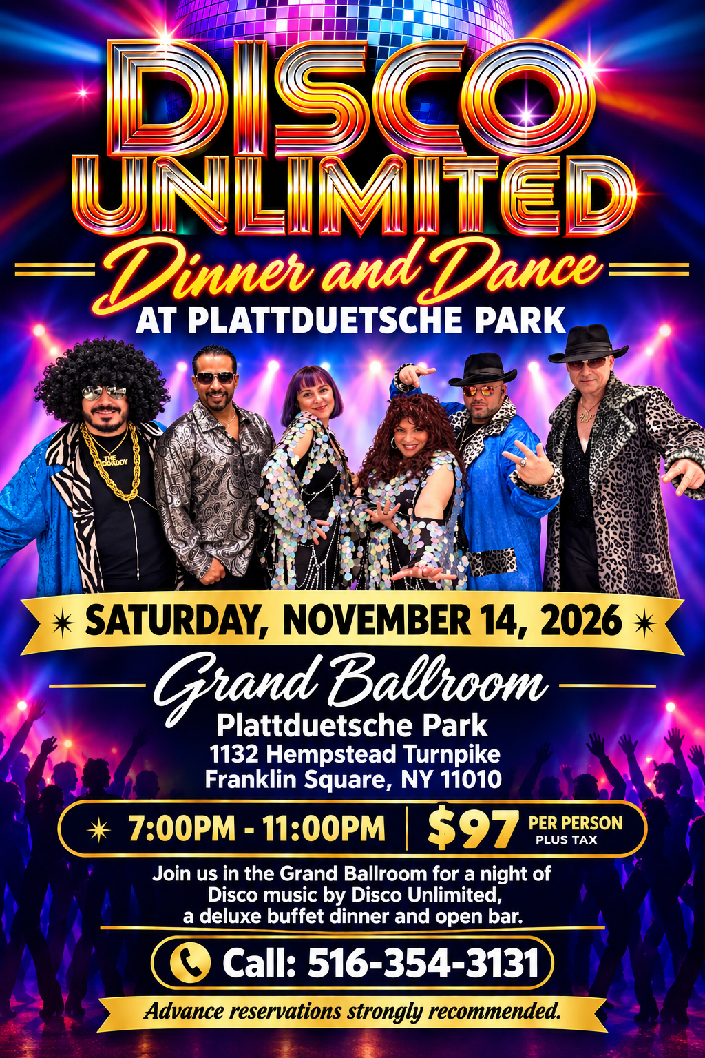 Disco event poster with dinner and dance details.