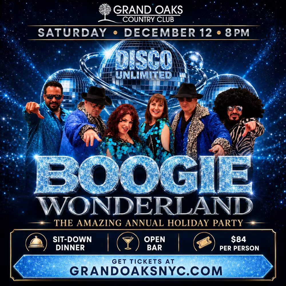 Disco-themed holiday party promotional image.